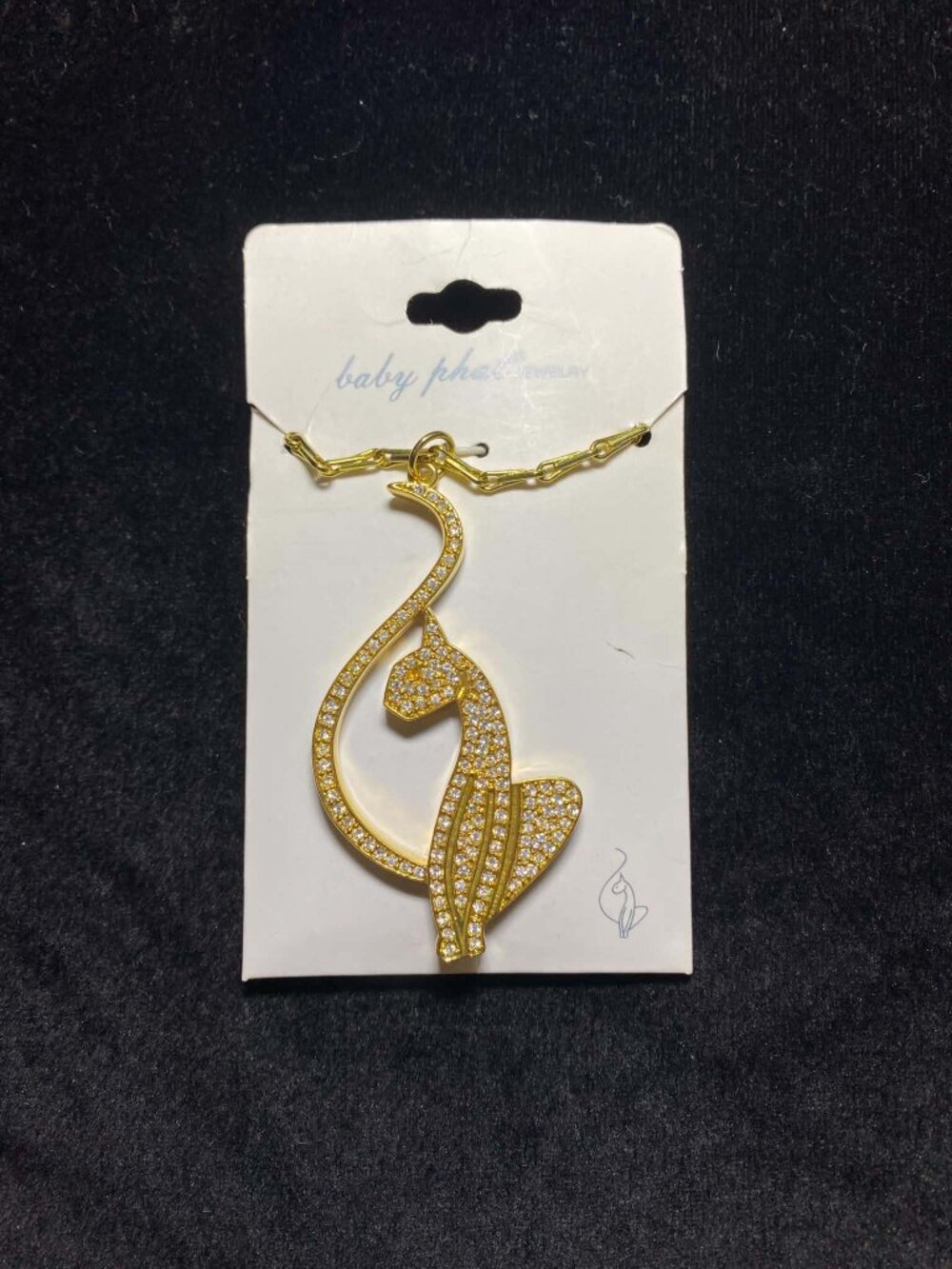 Y2K Rare Vintage Baby Phat Goldtone Necklace Cat Pendant Encrusted Rhinestones